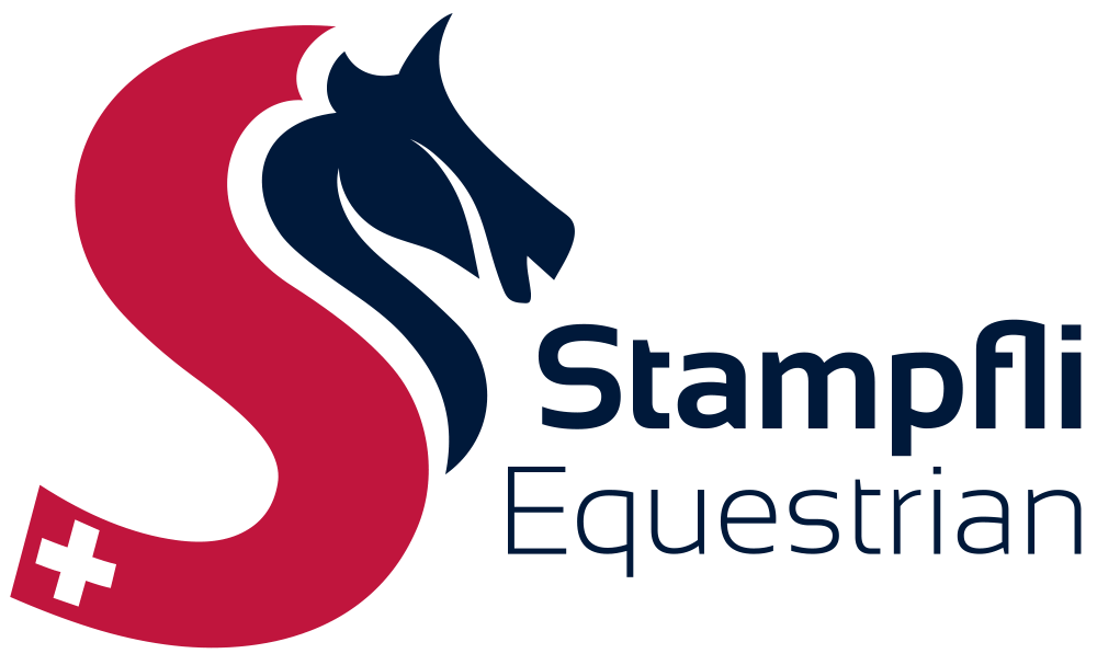 Stampfli Equestrian Logo - in red and black with illustrated head of horse